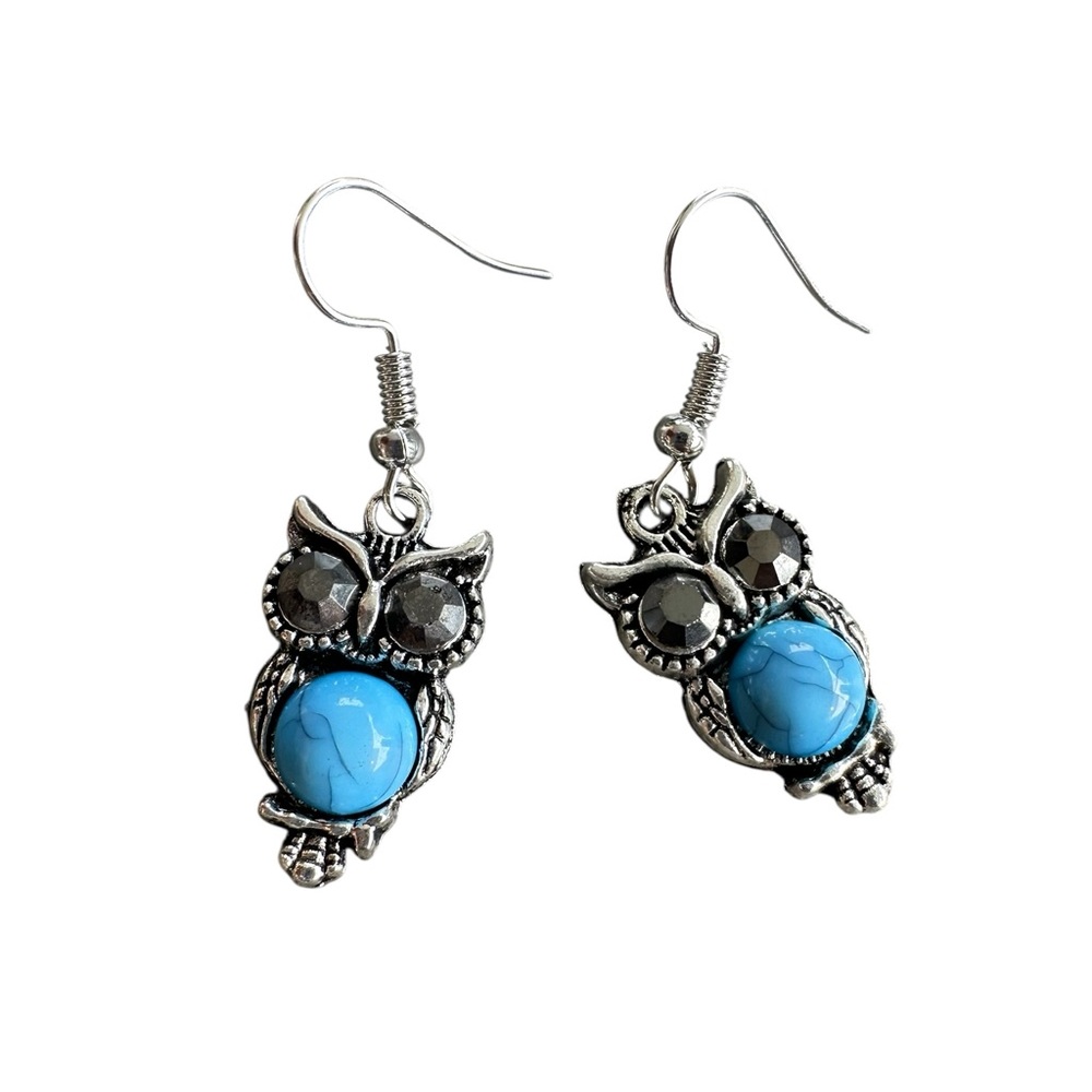 Antique Silver and Turquoise Owl Design Drop Earrings